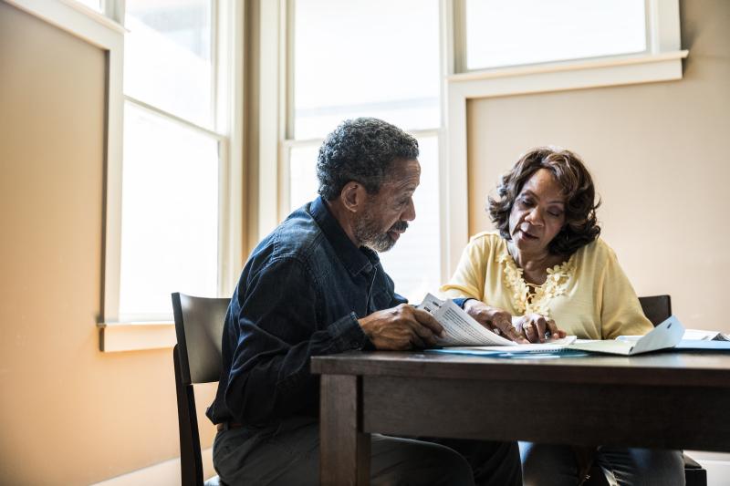 elderly couple talking